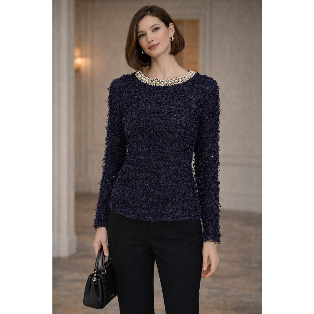 Endless Rose Navy Pearl Beaded Neckline Fringe Long Sleeve Top Size L Old Money